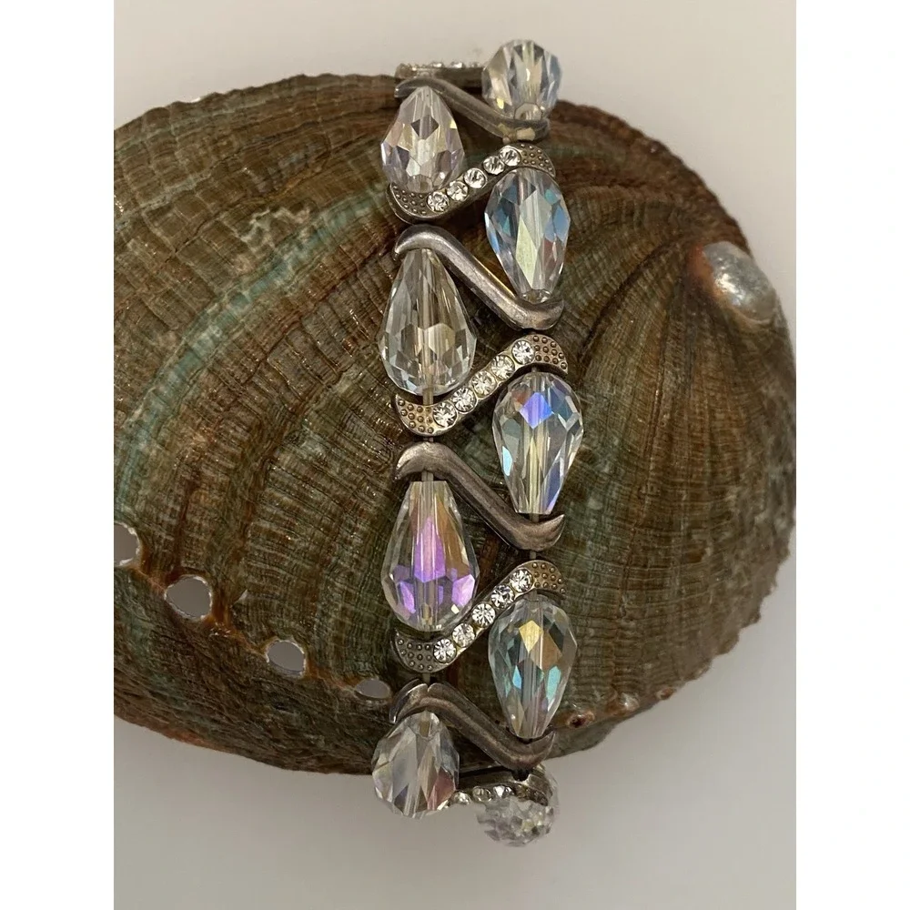 Vintage Silvertone‎ Faceted Beaded Sparkly Rhinestones Stretch Bracelet Sparkle
